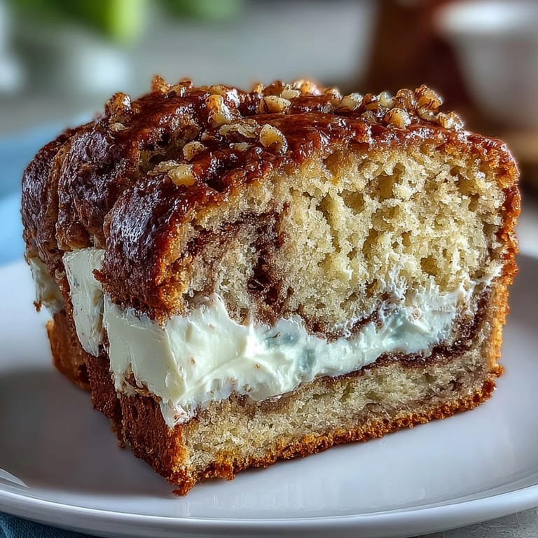 Close-up of Cream Cheese Cinnamon Swirl Banana Bread showing soft texture and rich filling, served on a wooden cutting board.