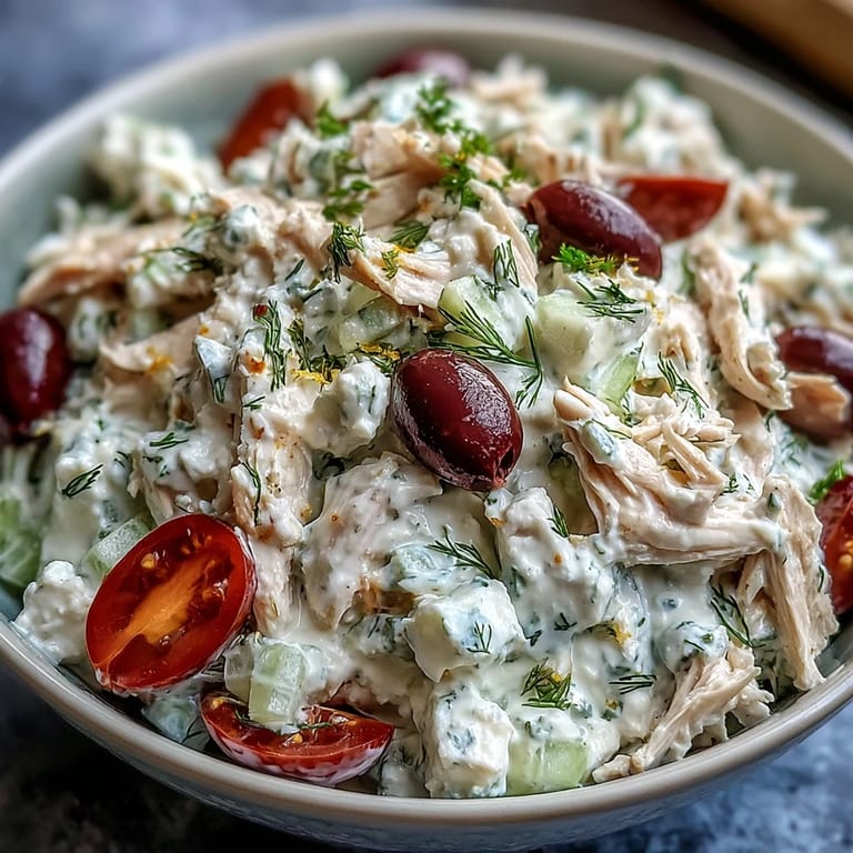 Chilled Tzatziki Chicken Salad served in crisp lettuce cups, garnished with diced avocado and red onion for a refreshing lunch.