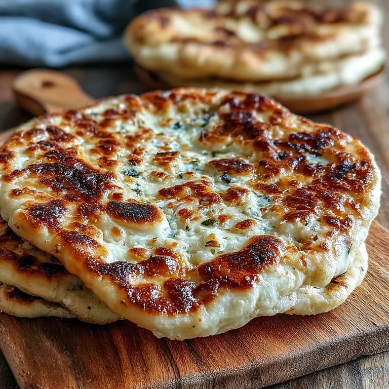 Two pieces of The Best Easy Garlic Naan Bread torn open, revealing fluffy interior and glistening garlic butter topping.