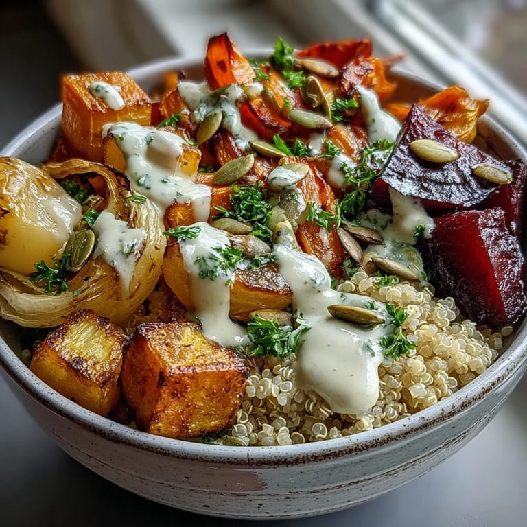 A creamy tahini drizzle blankets golden carrots, beets, and parsnips in a hearty Roasted Root Vegetable Bowl garnished with fresh parsley.