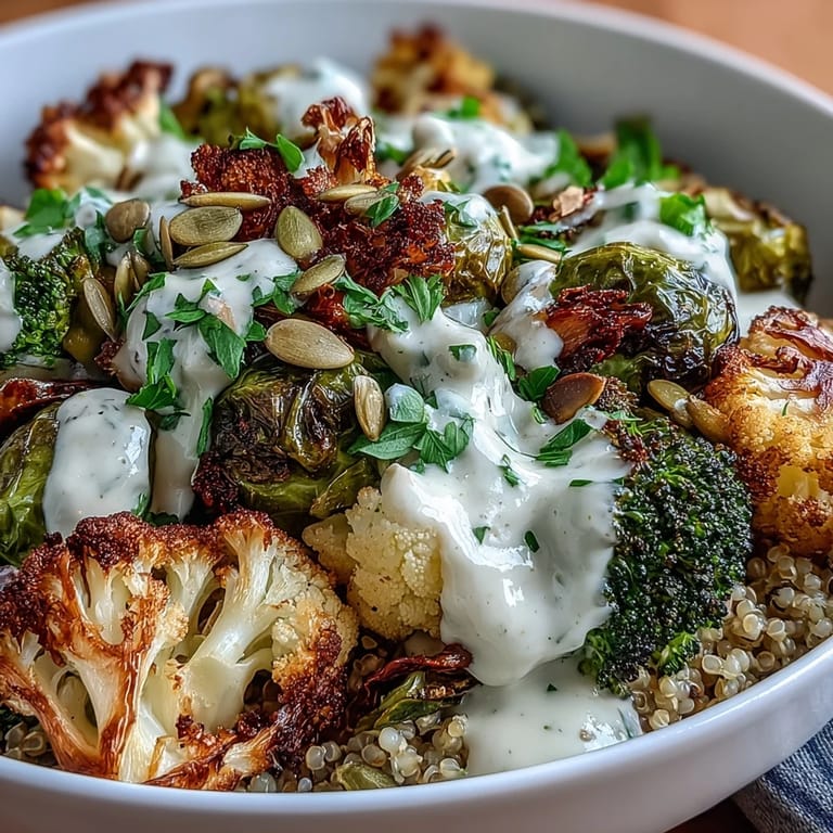 The finished Roasted Brassica Bowl features crisp-tender vegetables and a creamy tahini-lemon drizzle, ideal for a healthy vegan meal.