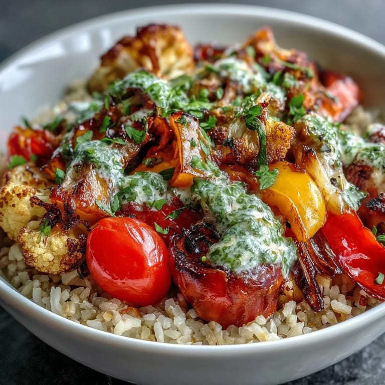 Rainbow Roasted Vegetable Bowl with multi-colored roasted veggies and a drizzle of fresh green sauce on a white plate, served as a healthy vegan dinner.