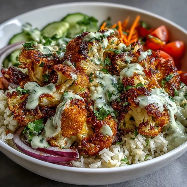 Bright vegetarian Roasted Cauliflower Bowl with spinach, shredded carrots, and red onion, topped with creamy tahini dressing. Perfect easy gluten-free meal for a nourishing lunch.