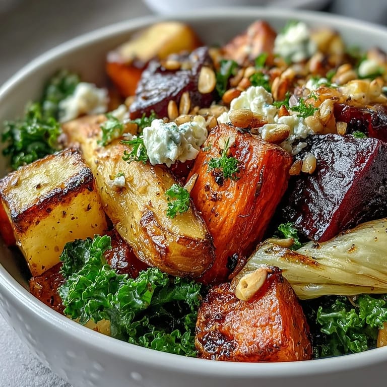 Caramelized root vegetables and tangy warm dressing make this Winter Root Vegetable Bowl cozy.