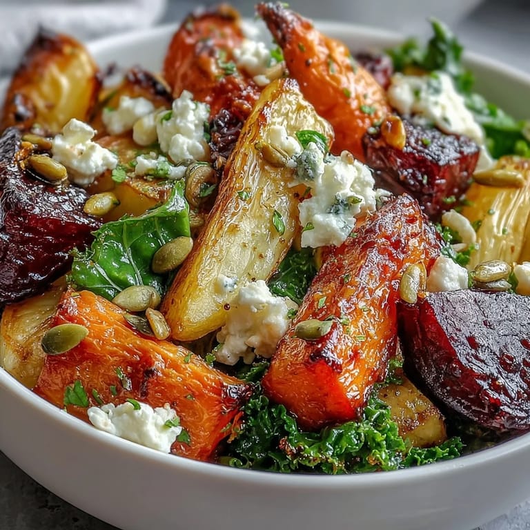 Freshly massaged kale and toasted pepitas garnish a vibrant Winter Root Vegetable Bowl.