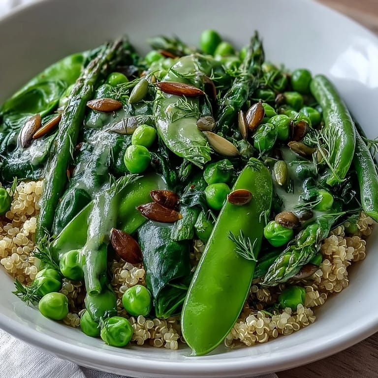 Close-up of a vibrant Spring Green Bowl, highlighting bright green vegetables and toasted pumpkin seeds over fluffy grains.