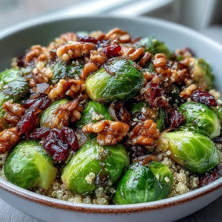 Hearty vegetarian Brussels sprouts bowl with caramelized veggies, toasted pecans, and pumpkin seeds, perfect for a wholesome weeknight meal.