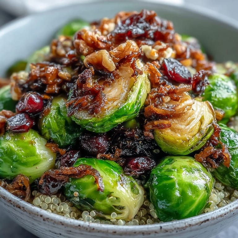Warm roasted Brussels sprouts over fluffy grains, drizzled with tangy balsamic dressing and garnished with cranberries and pepitas.