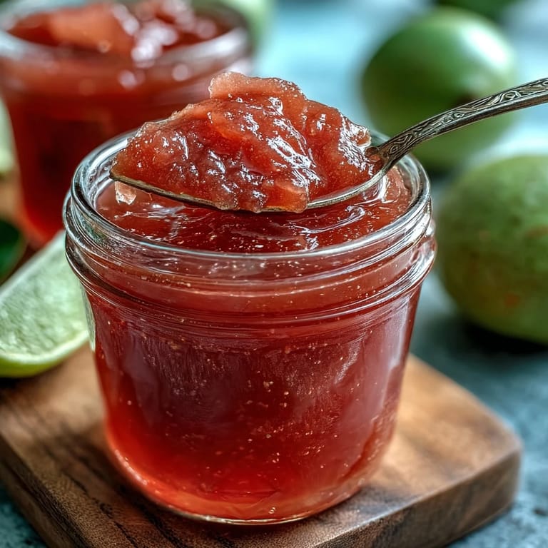 Thick, aromatic guava preserves in a sterilized jar, ready to be spread on warm toast or served with sharp cheese.