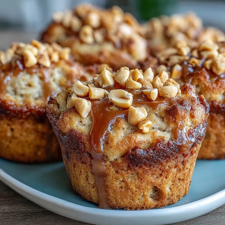 Two warm Peanut Butter and Guava Muffins sit on a white plate, topped with chopped peanuts and a side of jam.