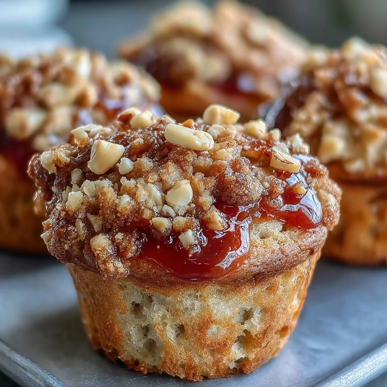 Freshly baked Peanut Butter and Guava Muffins with golden tops are arranged on a wire cooling rack in natural light.