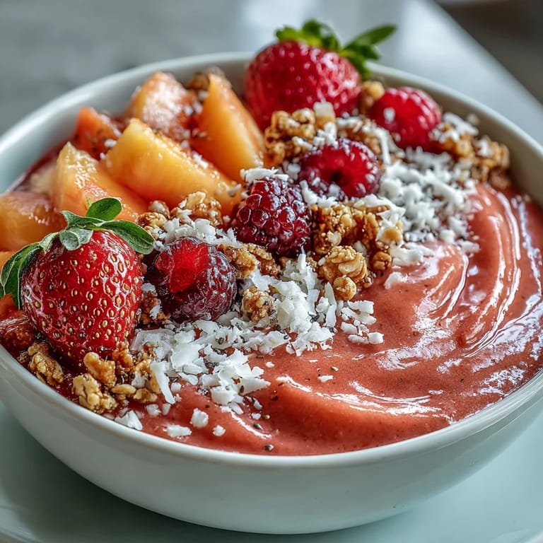 Close-up of a thick Guava and Mango Smoothie Bowl swirled with Greek yogurt, chia seeds, and colorful mixed berries.