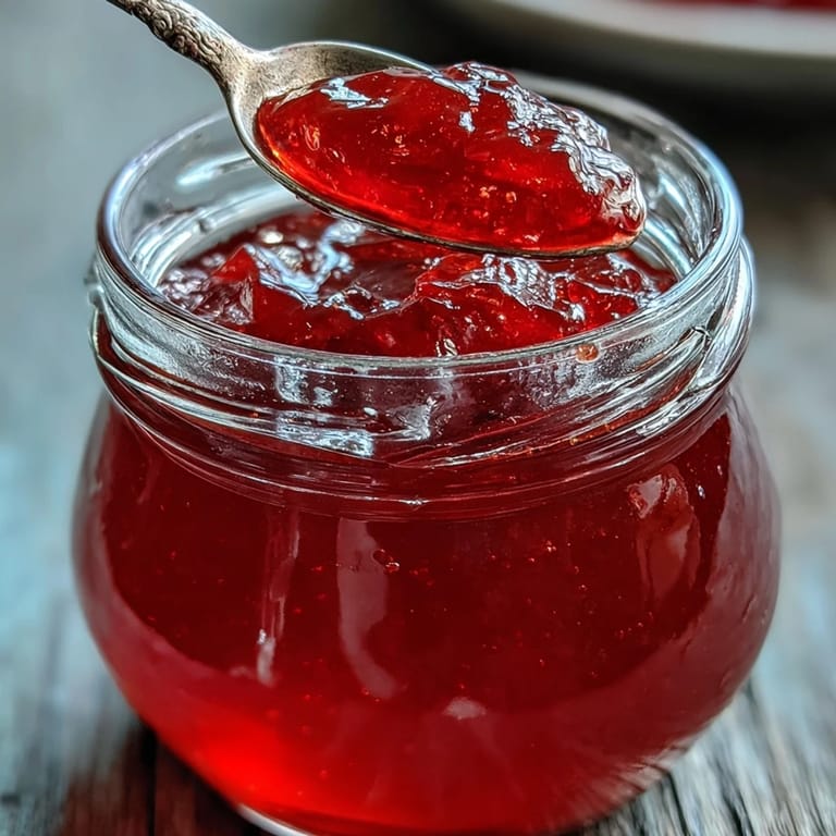 Freshly poured guava jelly sets in a sterilized jar, a spoonful resting on a plate showing the perfect gel, ideal for pastries.