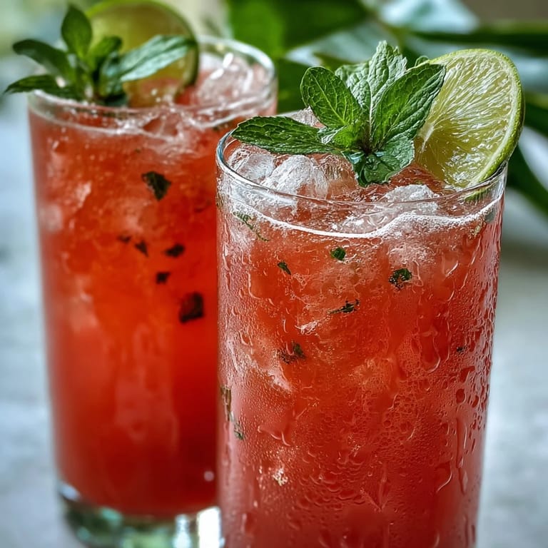 Close-up of a glass filled with guava juice mixed with sparkling water, bright pink hue, lime garnish, and condensation on the side.