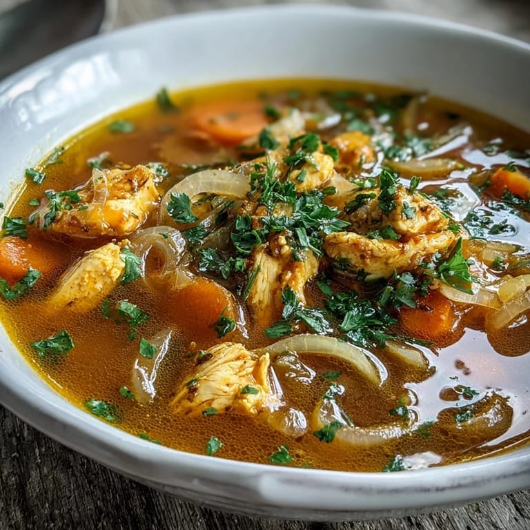 A warm bowl of Ginger Turmeric Chicken Soup garnished with fresh parsley and served with crusty bread on the side.
