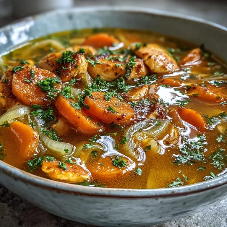 Steam rises from an amber-colored pot of Ginger Turmeric Chicken Soup featuring shredded chicken, carrots, celery, and noodles.