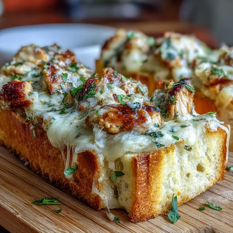 Sizzling Chicken Alfredo Garlic Bread from the oven, featuring a golden, crisp crust and generous layers of chicken and cheese, served warm.