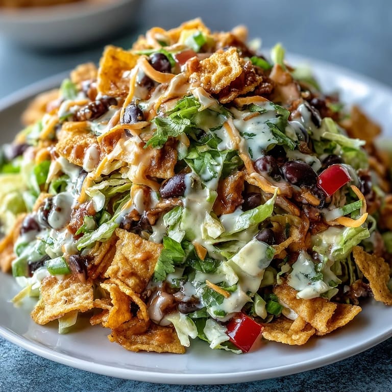 A close-up of Frito Cowboy Cabbage, showcasing black beans, corn, jalapeños, and fresh cilantro in a colorful bowl.