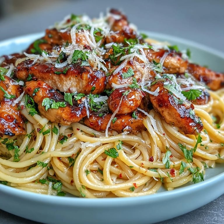 Close-up of Sticky Honey Garlic Chicken Pasta in a skillet, highlighting creamy Parmesan sauce and perfectly simmered spaghetti.