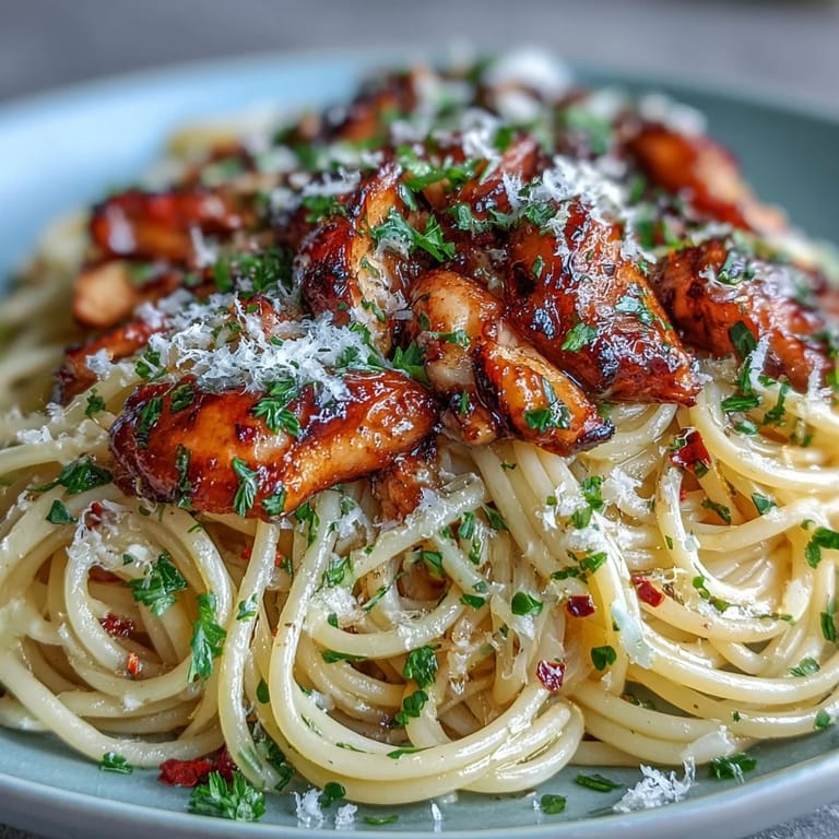 A warm plate of Sticky Honey Garlic Chicken Pasta topped with parsley and red pepper flakes beside a glass of white wine.
