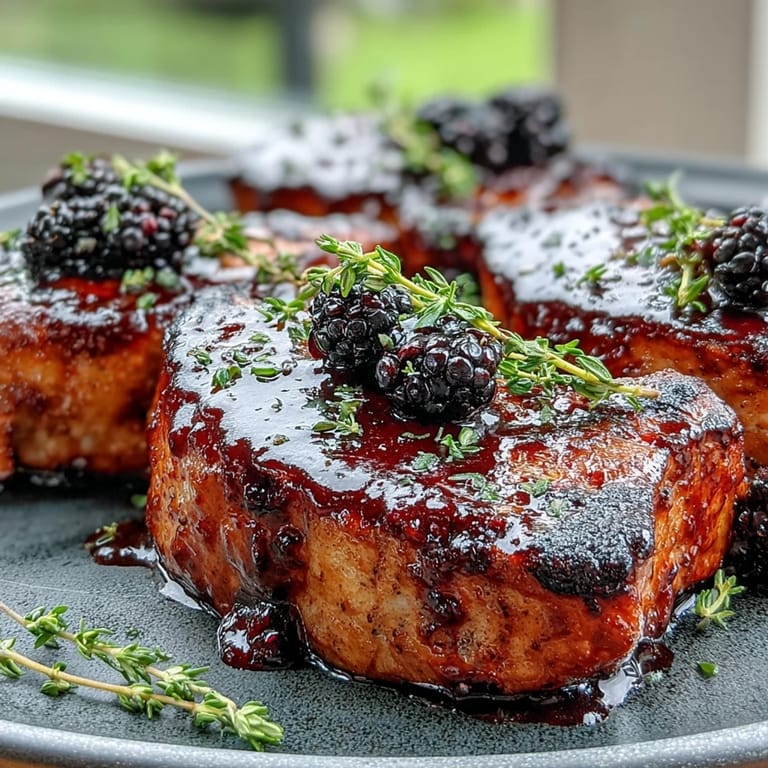 Golden seared Bourbon Blackberry Pork Chops topped with a rich dark berry reduction and served alongside roasted sweet potatoes.