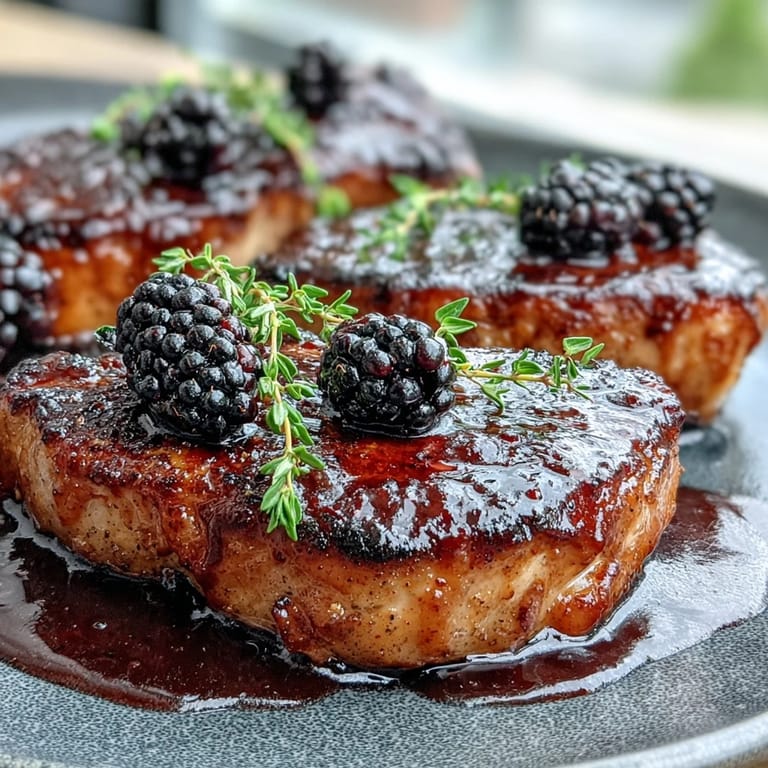 Sizzling Bourbon Blackberry Pork Chops in a glossy glaze, garnished with fresh thyme and blackberries for a rustic family dinner.