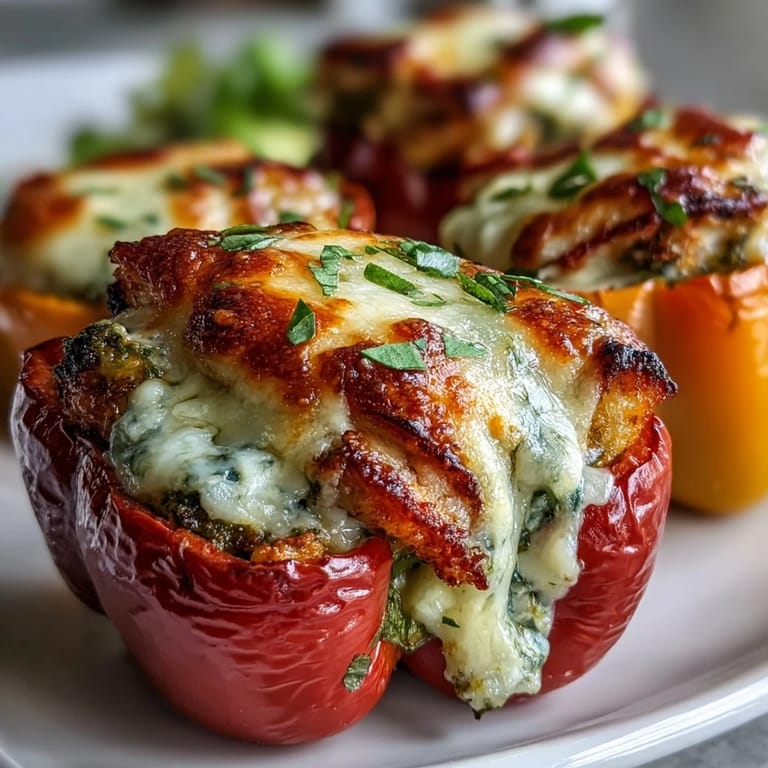 Freshly baked mini sweet peppers filled with creamy pesto chicken and golden cheese topping.
