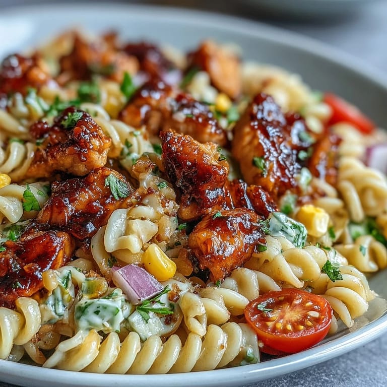 Tender honey BBQ chicken, al dente pasta, and colorful veggies in a smoky dressing highlight this Honey BBQ Chicken Pasta Salad served on a plate.