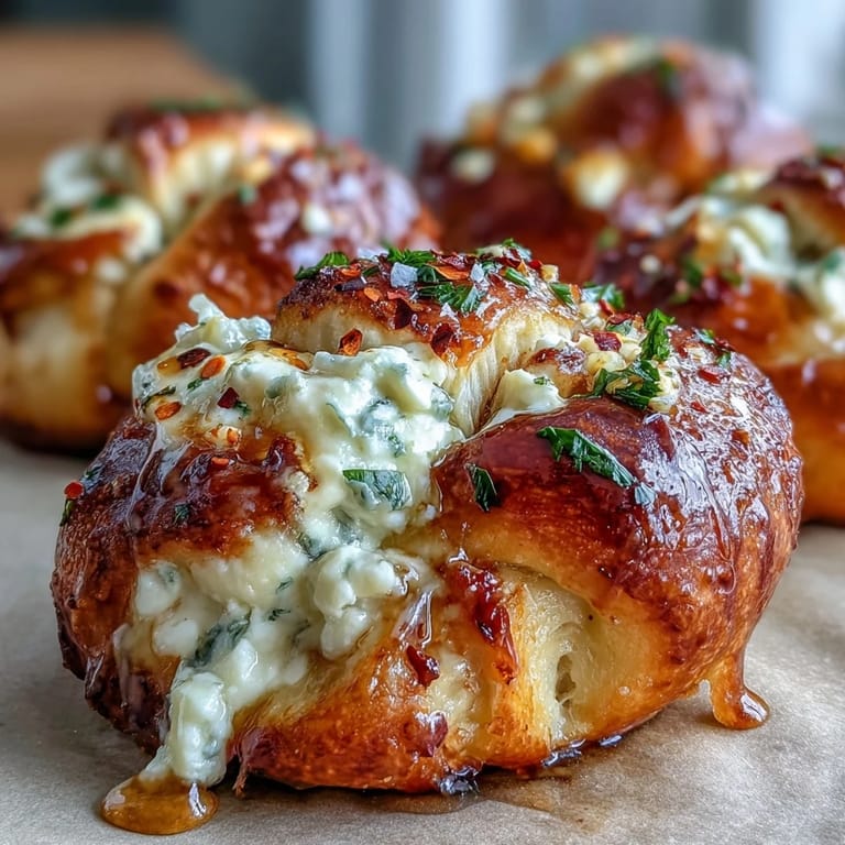 Warm Hot Honey Ricotta Stuffed Garlic Knots drizzled with spicy-sweet honey on a rustic wooden board.
