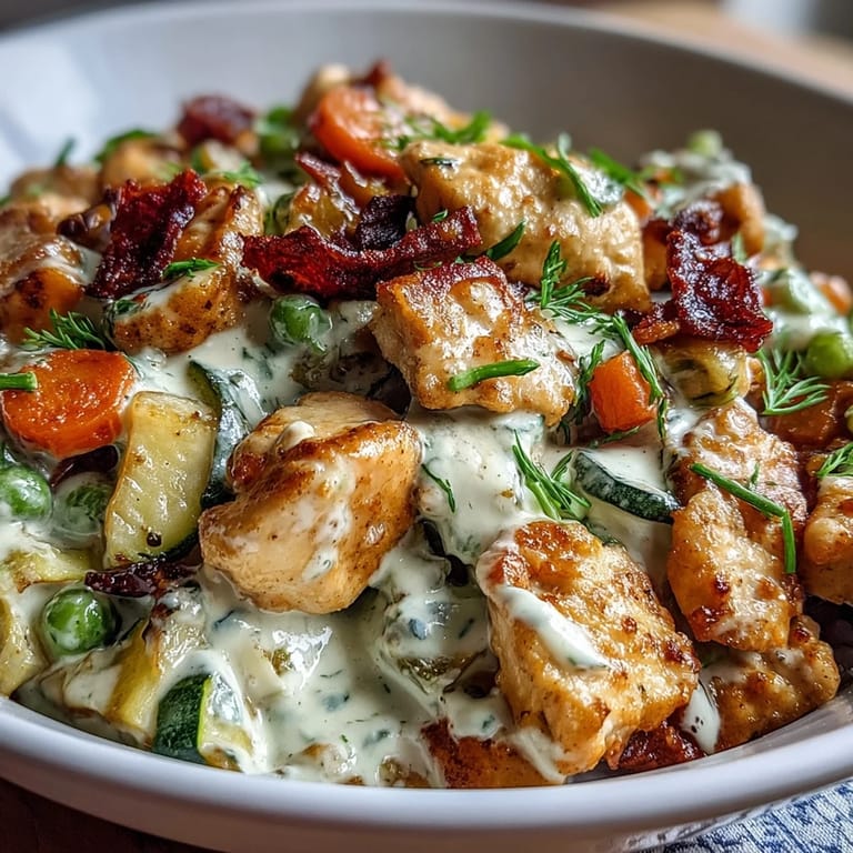Close up on a skillet with creamy ranch turkey and veggies, garnished with fresh parsley and steam rising.