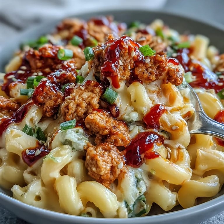 Cheesy elbow macaroni crowned with glossy Korean turkey, sesame seeds, and scallions, ready to serve for dinner.