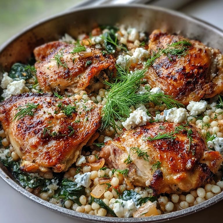 Delicious Creamy Greek Chicken & Pearl Couscous Bake with spinach, pearl couscous, and tender chicken thighs in a ceramic dish.