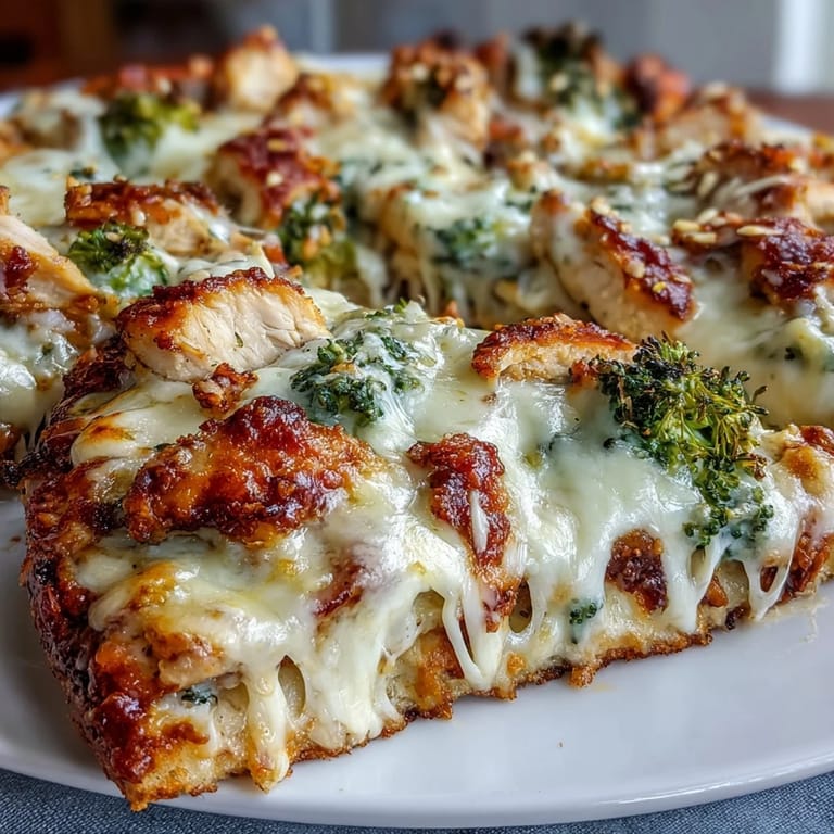 Freshly baked Garlic Parmesan Chicken & Broccoli Pizza on a wooden board, ready for dinner with a side salad.