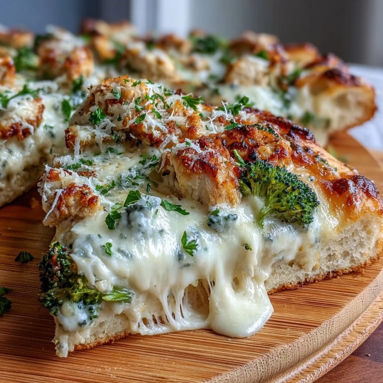 Slices of Garlic Parmesan Chicken & Broccoli Pizza reveal creamy white sauce, tender chicken, and vibrant broccoli florets.