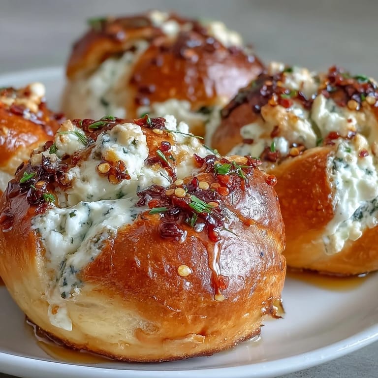 Warm Hot Honey Ricotta Stuffed Garlic Knots served with fresh parsley and ricotta dip.