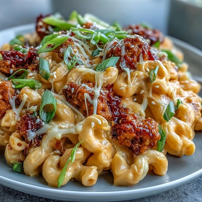 Steaming Korean-Style Turkey Mac & Cheese features tender elbow macaroni coated in rich cheese sauce topped with spicy ground turkey.