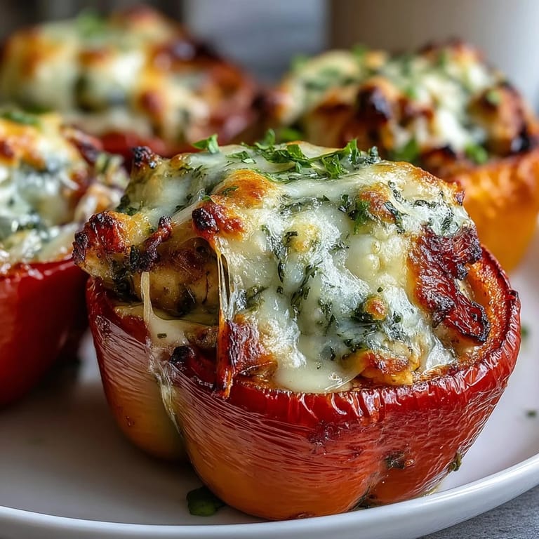 Freshly baked Pesto Chicken Stuffed Sweet Peppers garnished with basil and Parmesan, ready to serve.