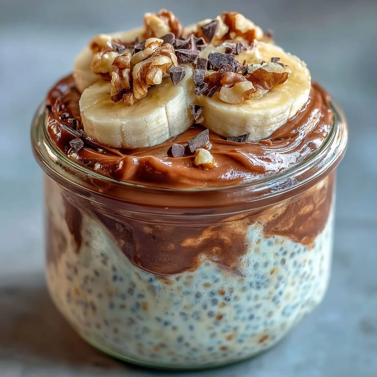 A spoon dives into Chunky Monkey Overnight Chia Pudding revealing peanut butter and cocoa swirls.