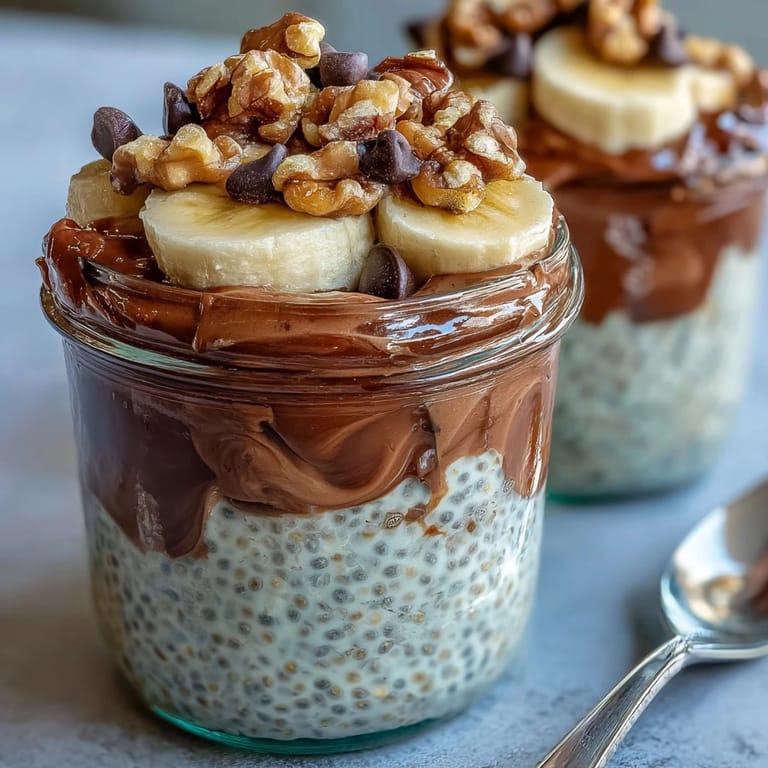 A jar of Chunky Monkey Overnight Chia Pudding topped with chocolate chips and crunchy walnuts.