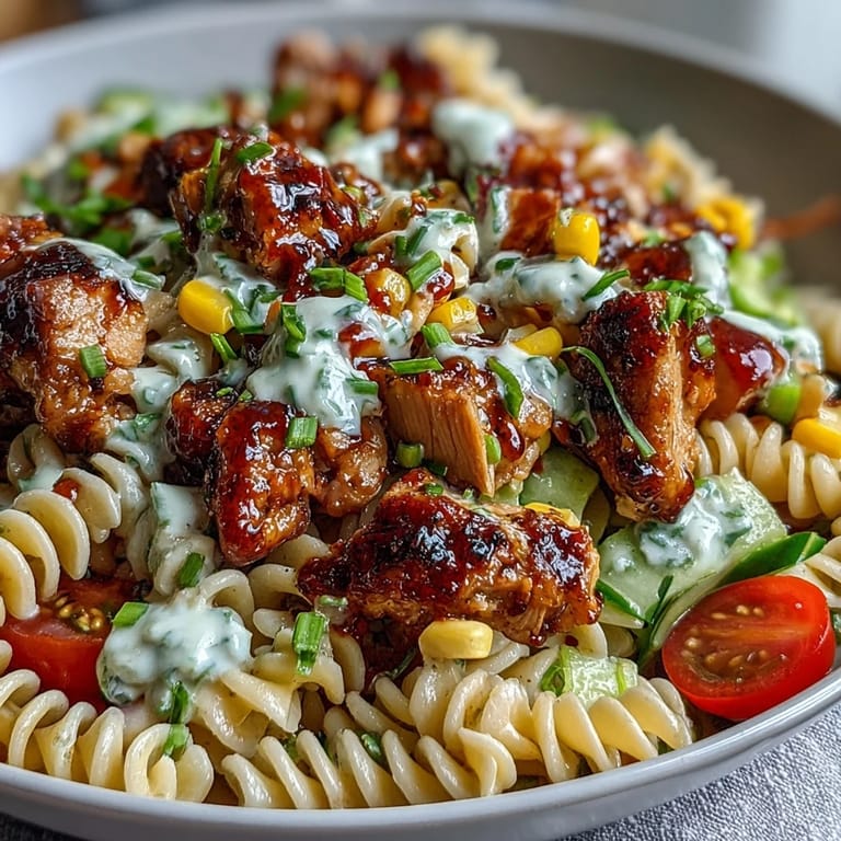 Fresh Honey BBQ Chicken Pasta Salad garnished with chives, featuring cherry tomatoes, corn, and red bell pepper.