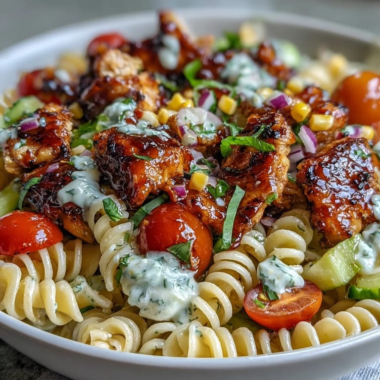 Spoon serving Honey BBQ Chicken Pasta Salad from a glass bowl at a summer potluck, next to iced tea.