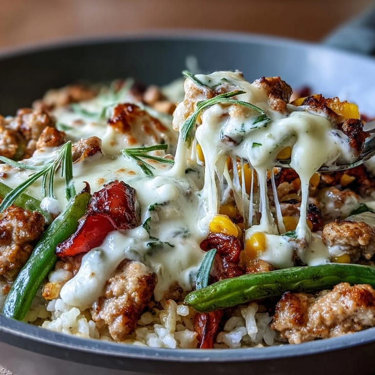 Freshly grated cheddar melting into a Creamy Ranch Turkey & Veggie Skillet, garnished with parsley, showcasing golden-brown turkey and mixed vegetables in a skillet.