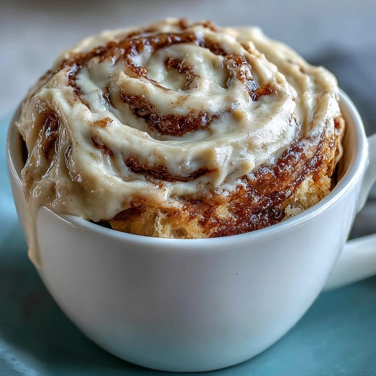 A warm single-serving High-Protein Cinnamon Roll Mug Cake topped with luscious cream cheese frosting for a cozy dessert.