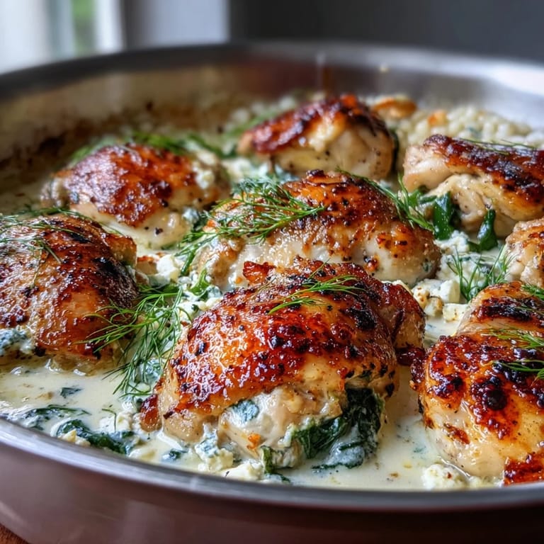 A close-up shows Creamy Greek Chicken & Pearl Couscous Bake with tender chicken thighs nestled in couscous, spinach, and crumbled feta.