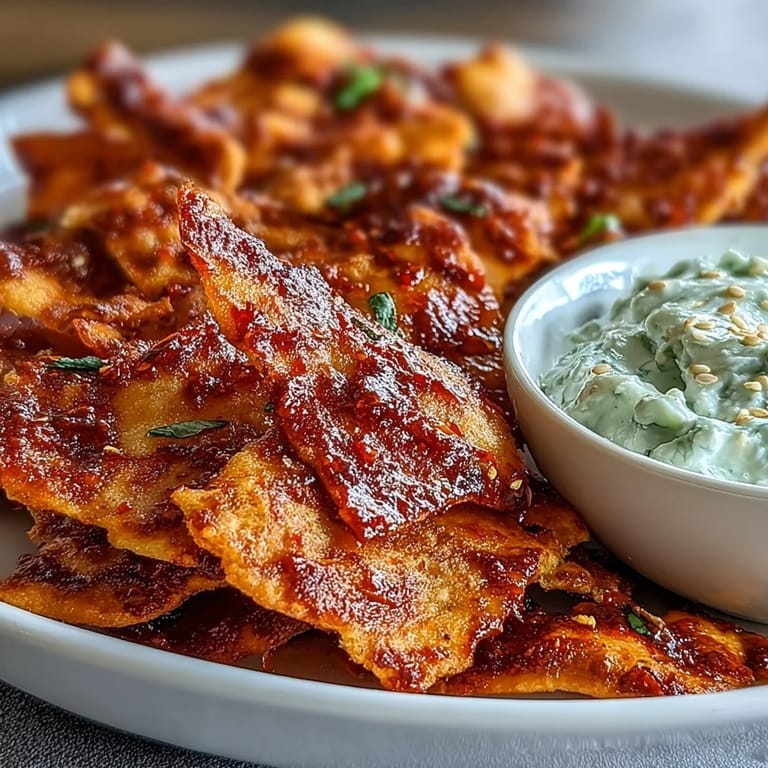 Golden, crunchy Spicy Chili Crisp Garlic Naan Chips are arranged in a bowl, ready to be scooped into the cool, diced cucumber yogurt dip.