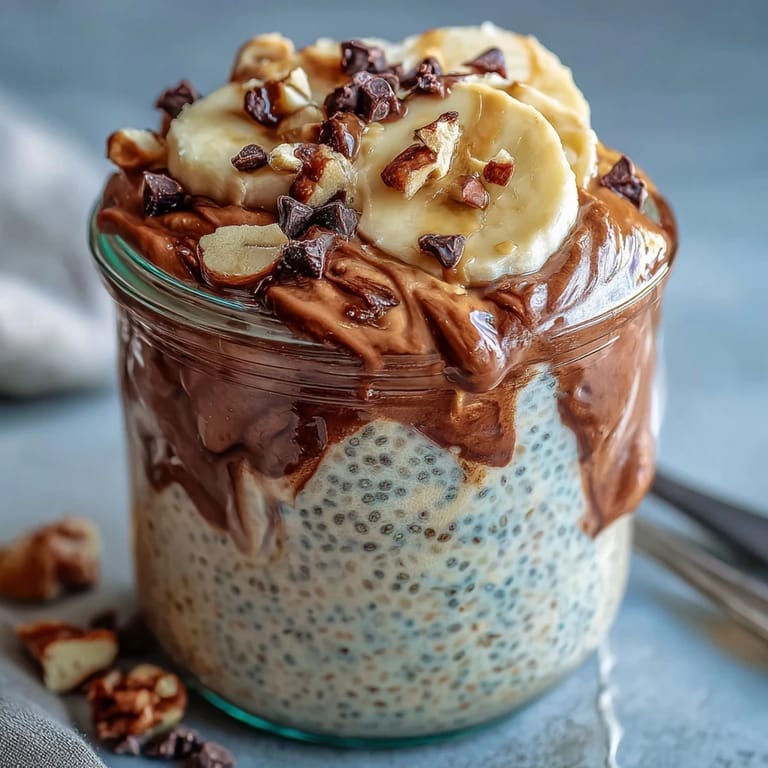 A close-up of Chunky Monkey Overnight Chia Pudding showing creamy texture, rich cocoa layers, banana pieces, and a chocolate chip garnish on top.