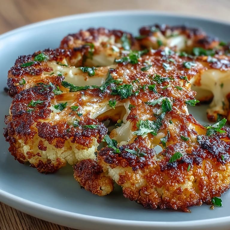 Crisp and tender cauliflower steaks with rich garlic-Parmesan flavor, ideal for low-carb, gluten-free diets.  