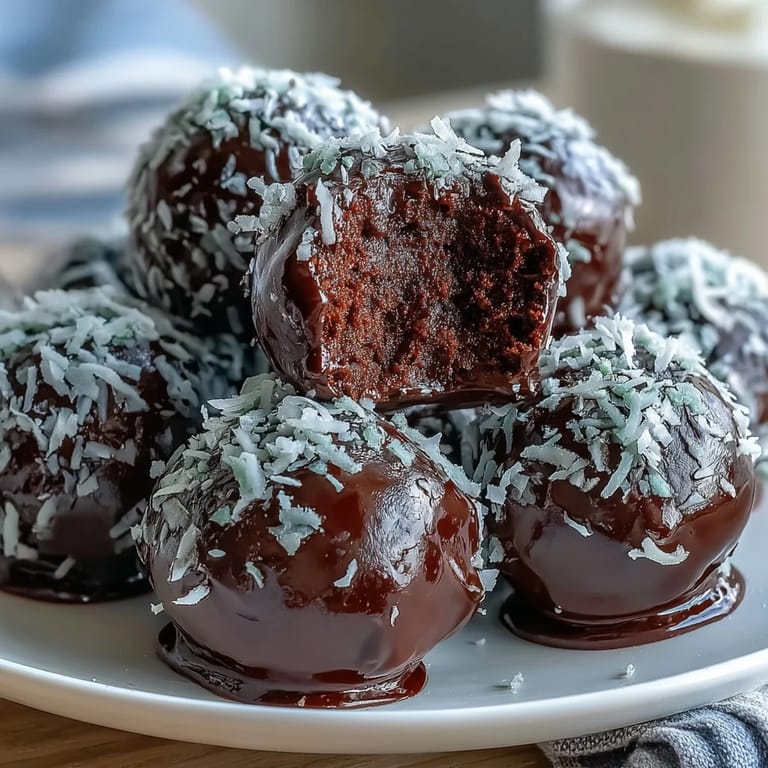 Silky avocado chocolate truffles rolled in coconut flakes, offering a decadent, dairy-free treat that's naturally sweet and perfectly portioned.
