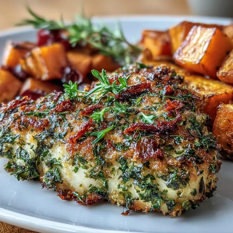 Tender chicken breasts encrusted with fresh parsley, thyme, and rosemary are roasted with caramelized root vegetables in one pan.
