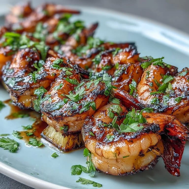 A close-up of grilled shrimp and pineapple skewers reveals tender seafood, tropical fruit, and fresh cilantro garnish, served with lime wedges.